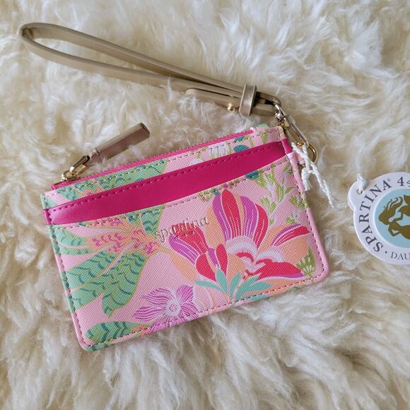 New Spartina 449 Slim Card Coin Purse Wristlet StrapPink Green Floral - Picture 1 of 5